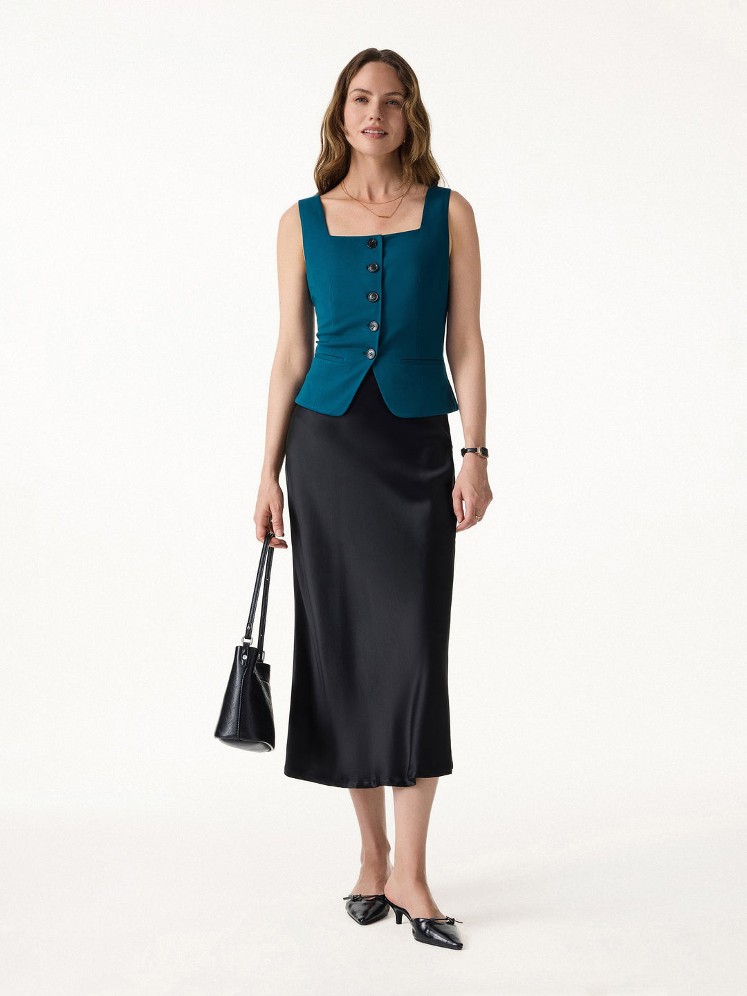 ALIYA | 2Pcs Set Square Neck Waistcoat with Pockets & Wide Leg Ankled Pant