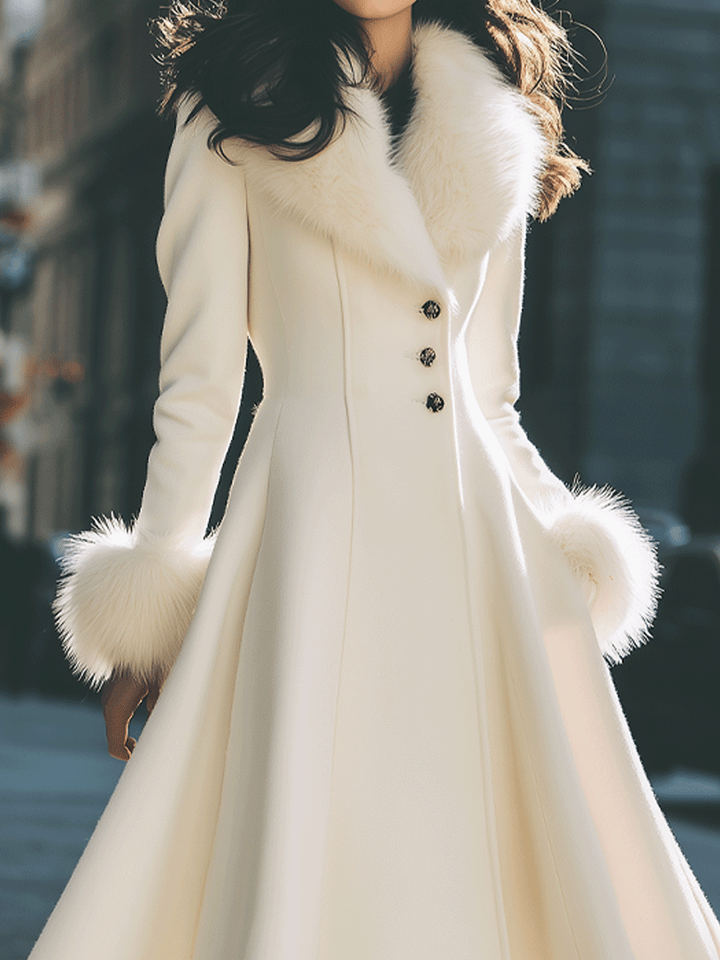 LOURA | Ivory Flared Coat With Faux Fur Collar And Cuffs