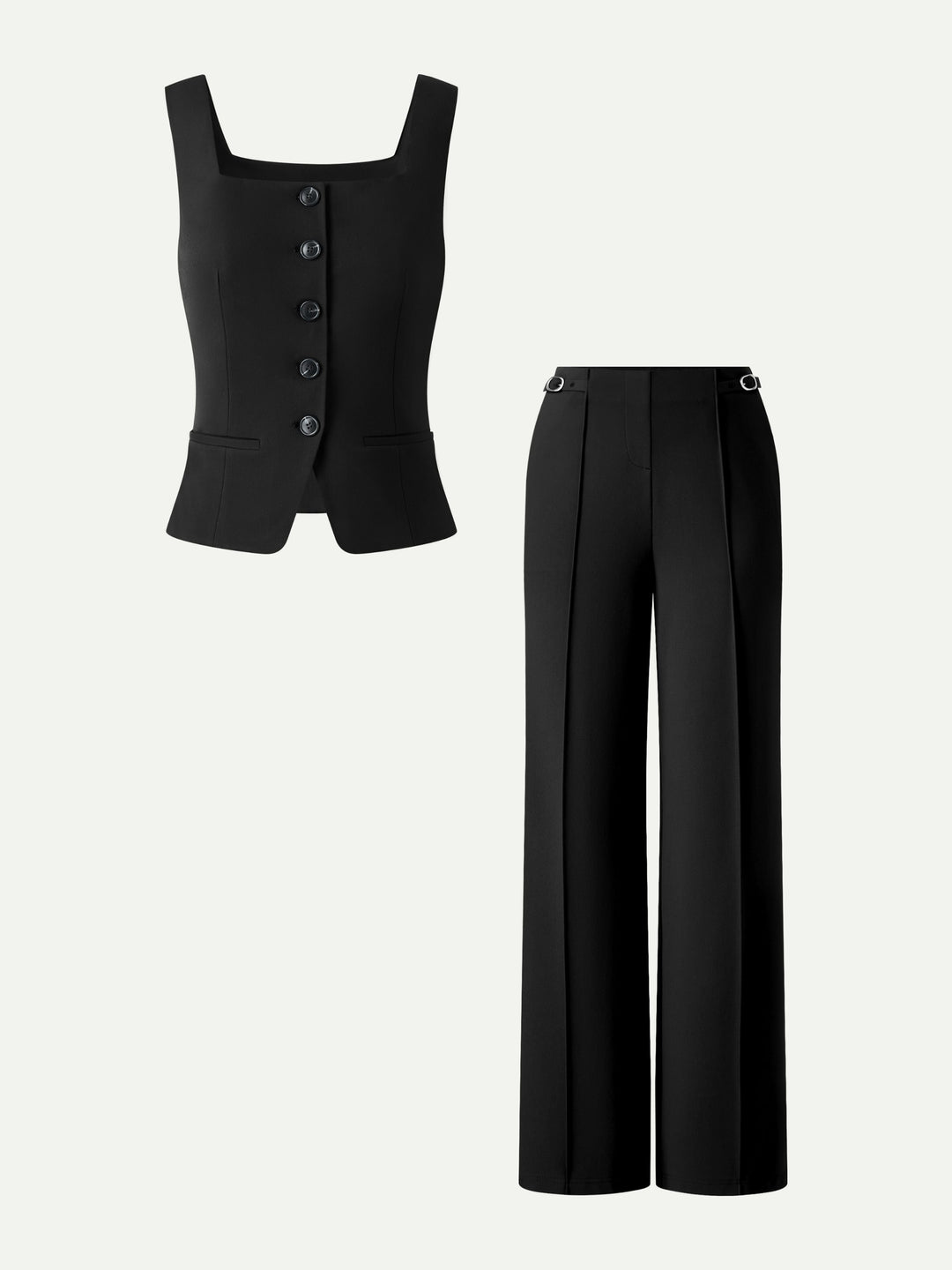 ALIYA | 2Pcs Set Square Neck Waistcoat with Pockets & Wide Leg Ankled Pant