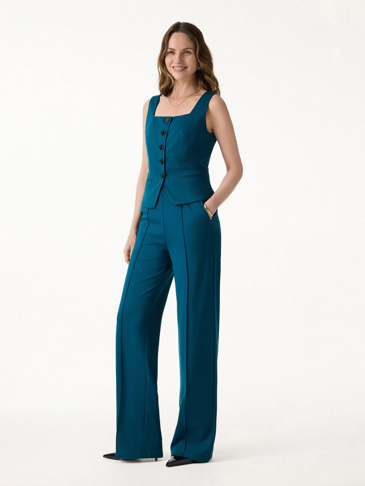 ALIYA | 2Pcs Set Square Neck Waistcoat with Pockets & Wide Leg Ankled Pant