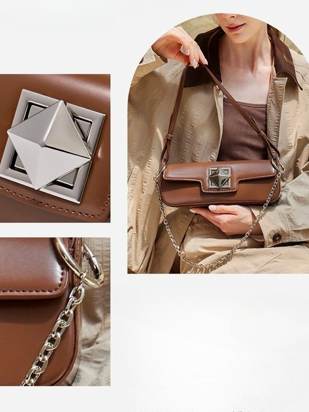 EVANGELINE | Minimalist Smooth Genuine Leather Silver Buckle Baguette Bag