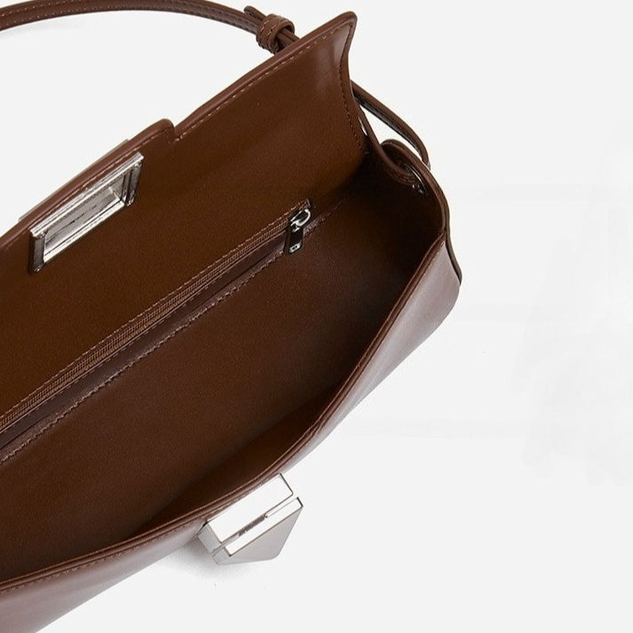 EVANGELINE | Minimalist Smooth Genuine Leather Silver Buckle Baguette Bag