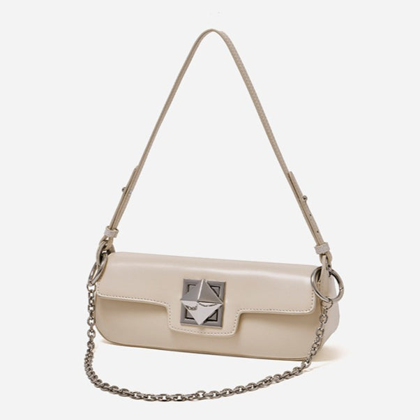 EVANGELINE | Minimalist Smooth Genuine Leather Silver Buckle Baguette Bag
