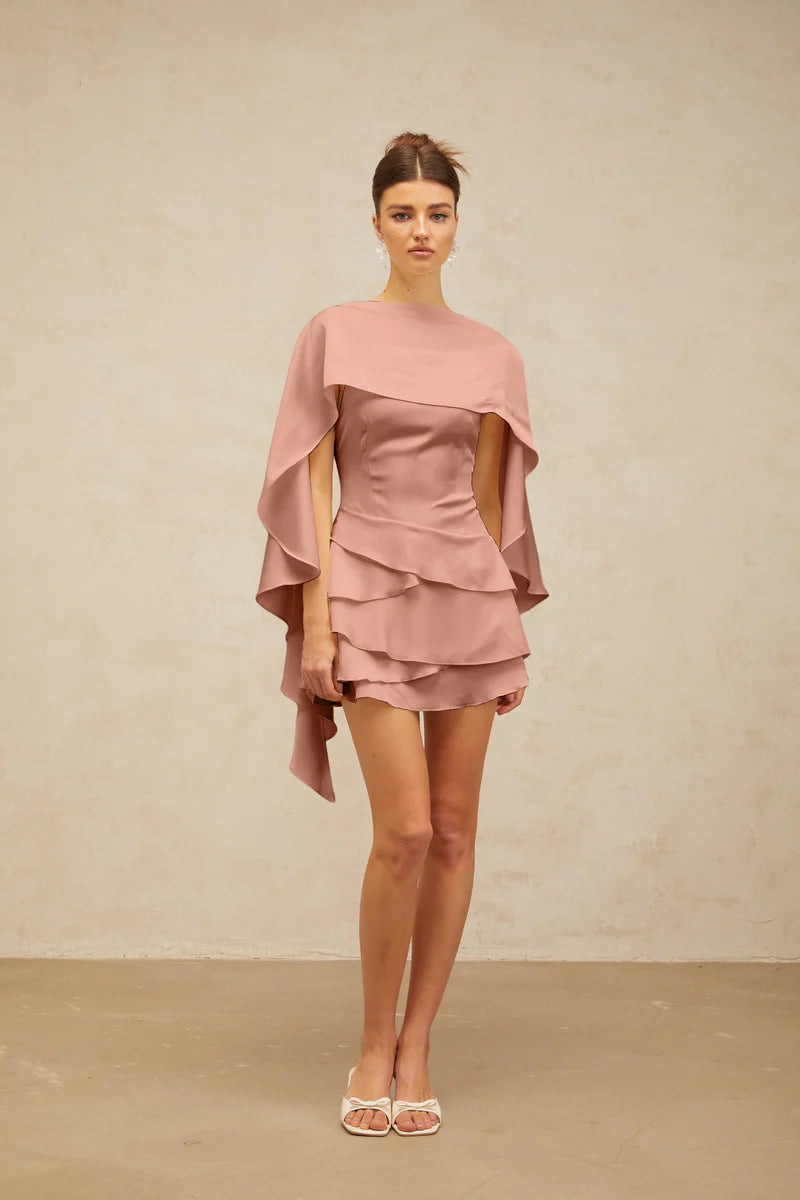Lyna Satin Ruffled Mini Dress with Shawl Panel Detail