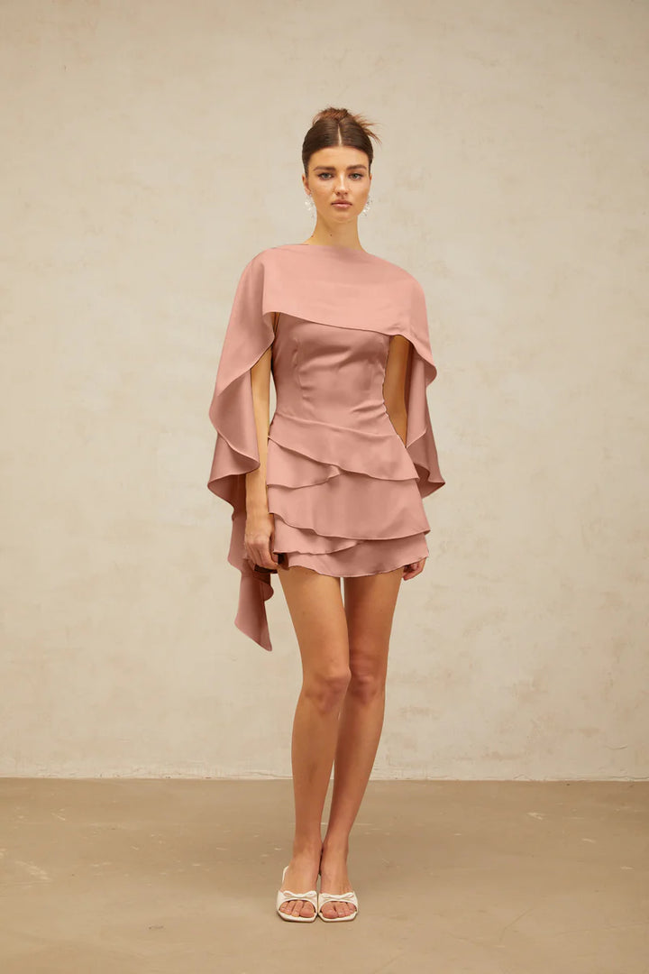 Lyna Satin Ruffled Mini Dress with Shawl Panel Detail