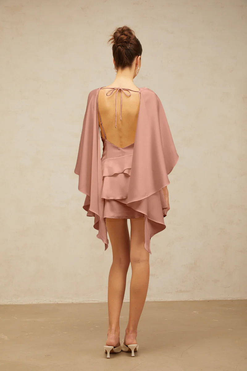 Lyna Satin Ruffled Mini Dress with Shawl Panel Detail