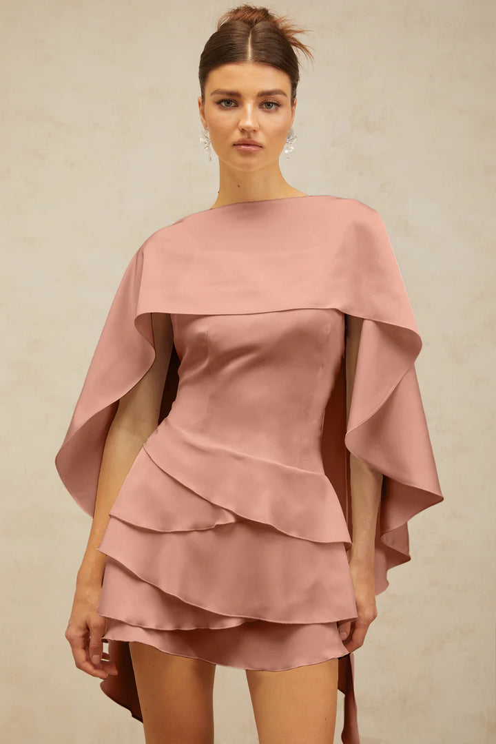 Lyna Satin Ruffled Mini Dress with Shawl Panel Detail
