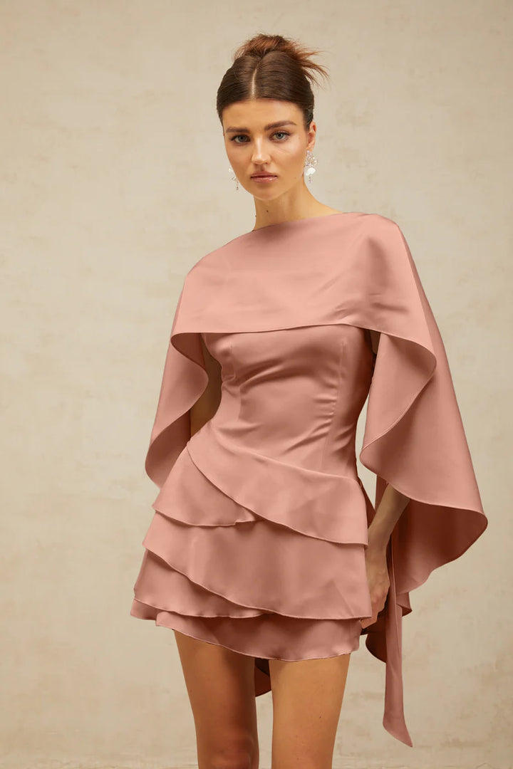 Lyna Satin Ruffled Mini Dress with Shawl Panel Detail