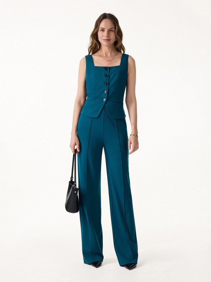 ALIYA | 2Pcs Set Square Neck Waistcoat with Pockets & Wide Leg Ankled Pant
