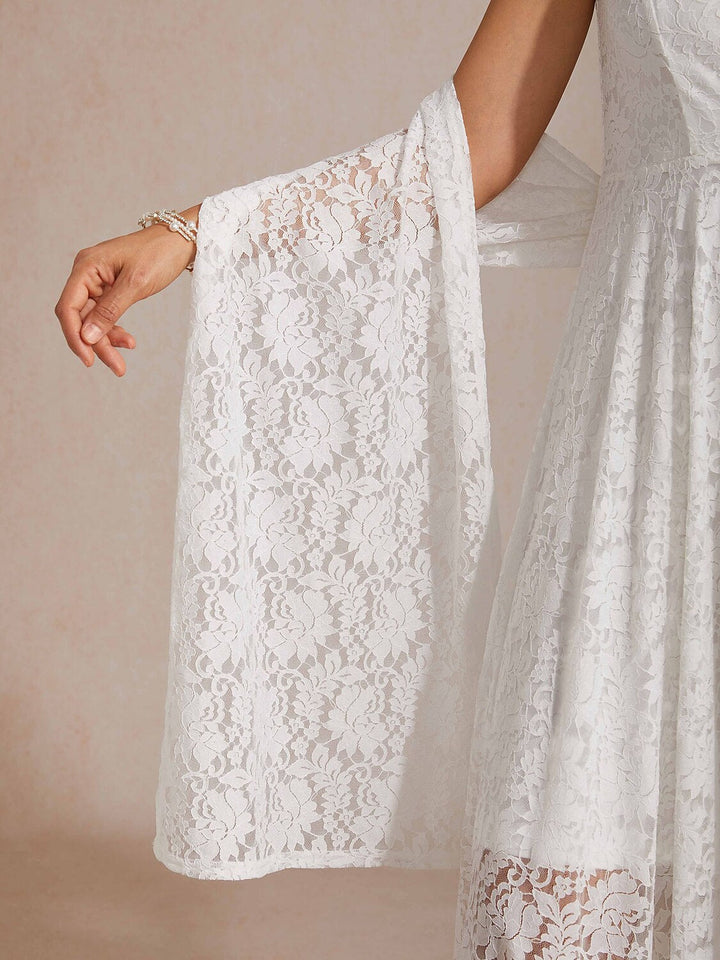 GLORIA | Scalloped V Neck Lace Evening Dress with Matching Shawl