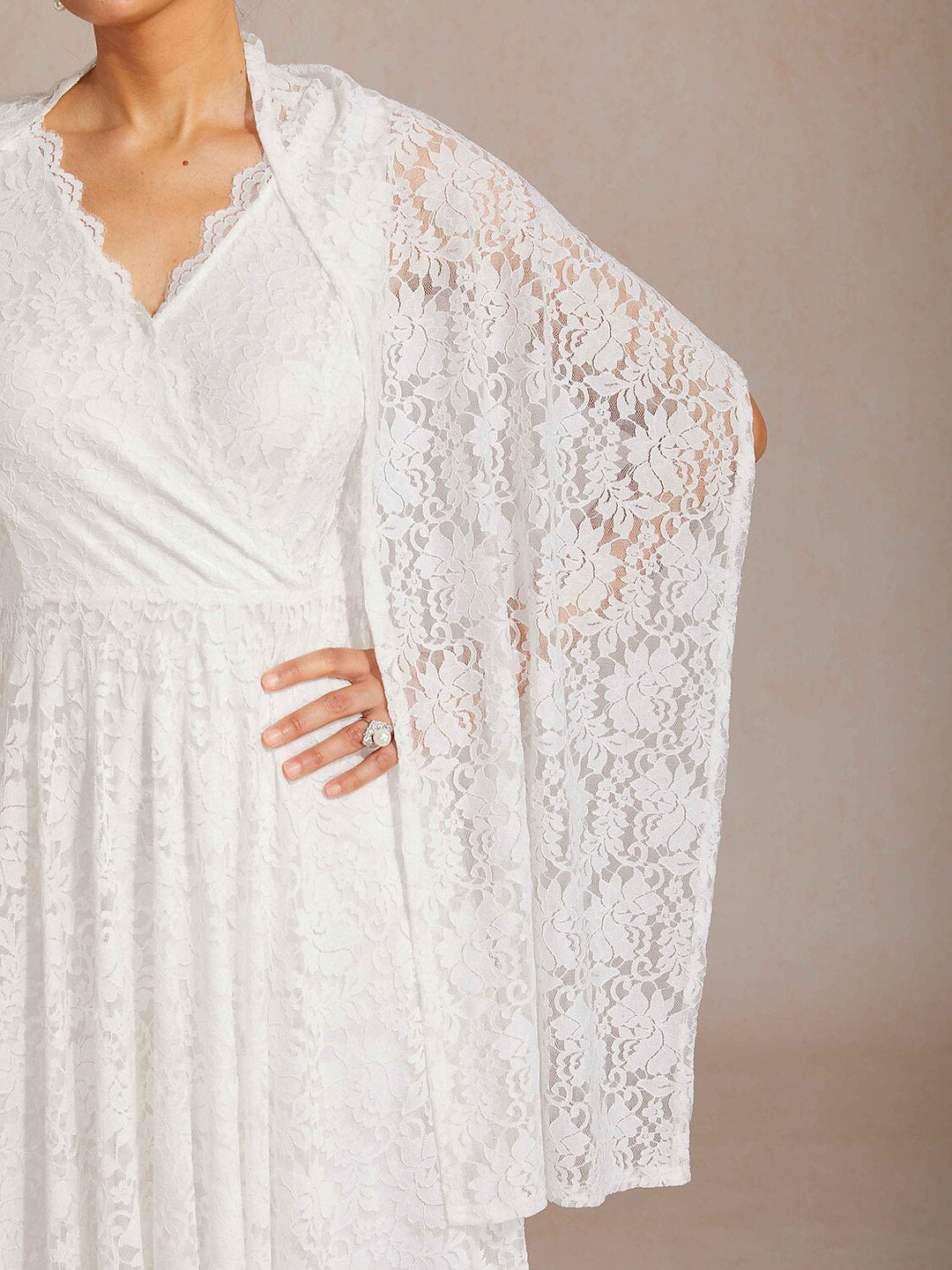 GLORIA | Scalloped V Neck Lace Evening Dress with Matching Shawl