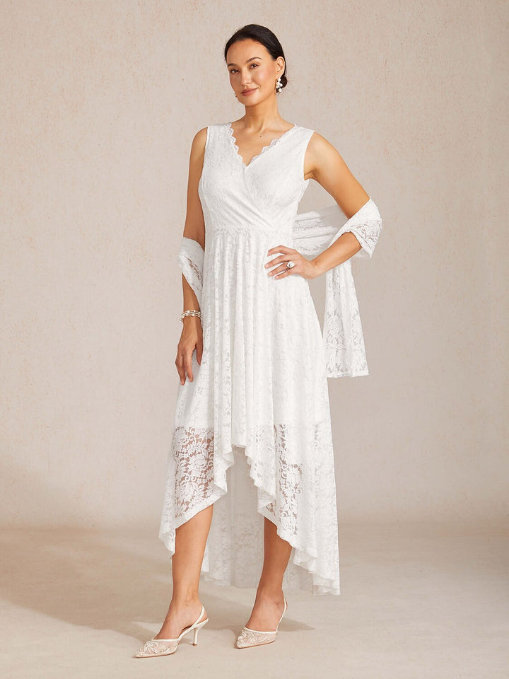 GLORIA | Scalloped V Neck Lace Evening Dress with Matching Shawl