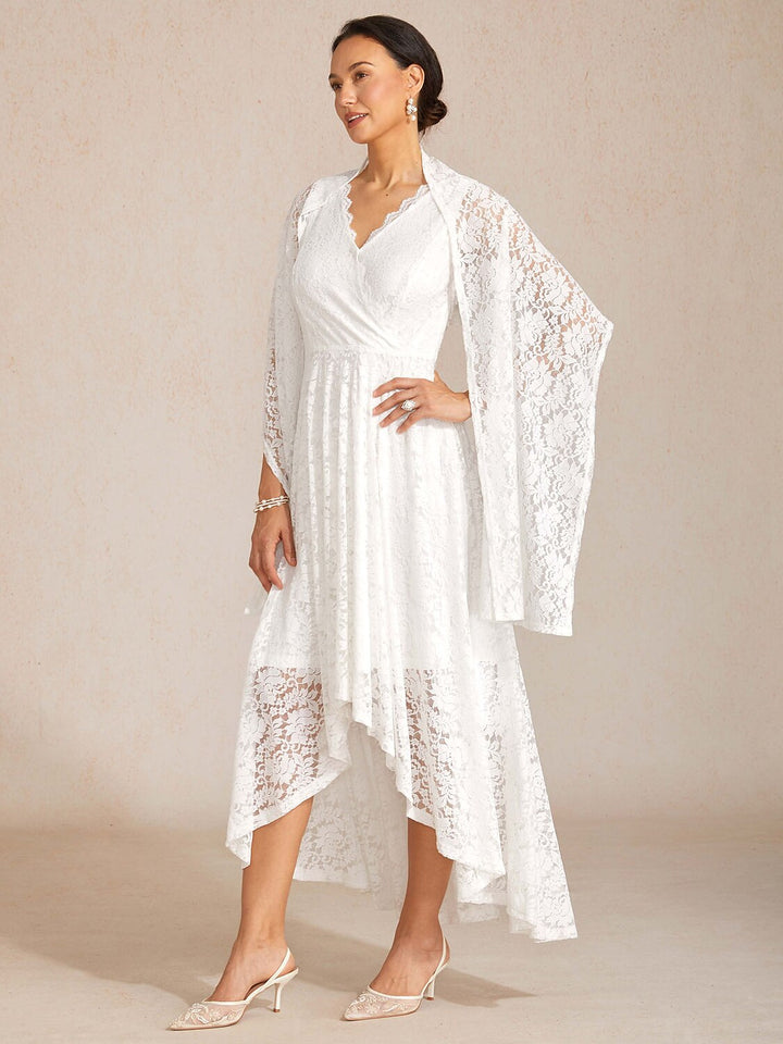 GLORIA | Scalloped V Neck Lace Evening Dress with Matching Shawl