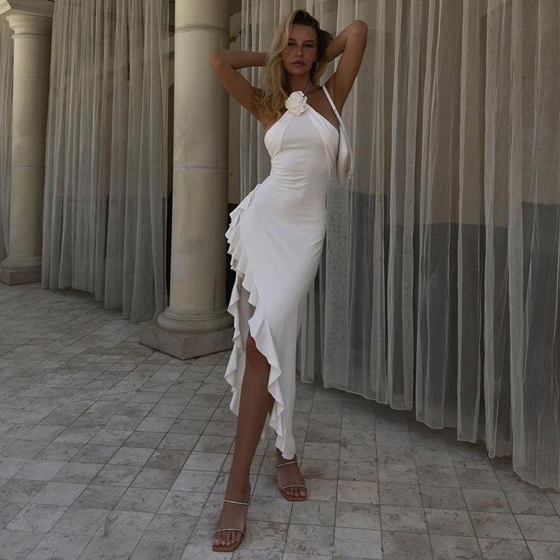 Maricel Ruffle Hem Slit Halter Dress