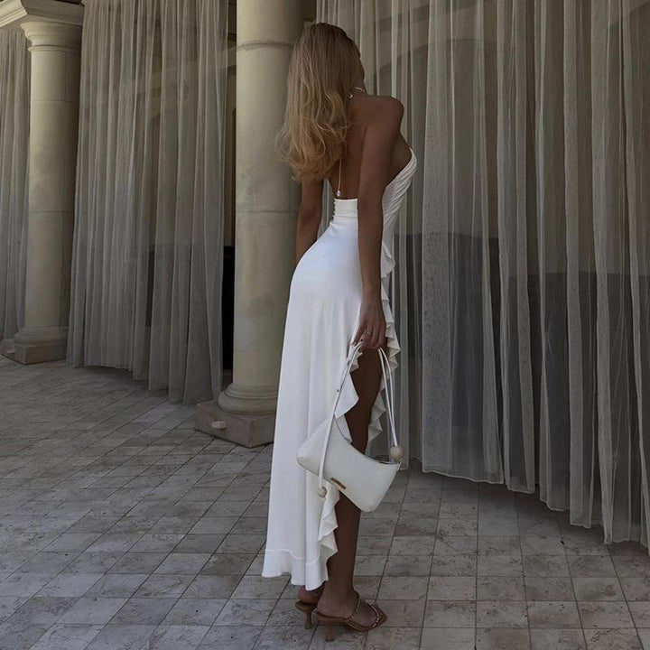 Maricel Ruffle Hem Slit Halter Dress