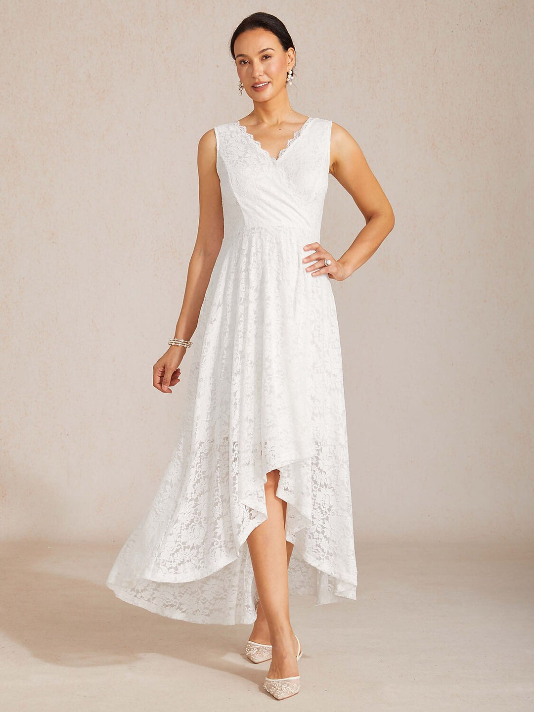 GLORIA | Scalloped V Neck Lace Evening Dress with Matching Shawl