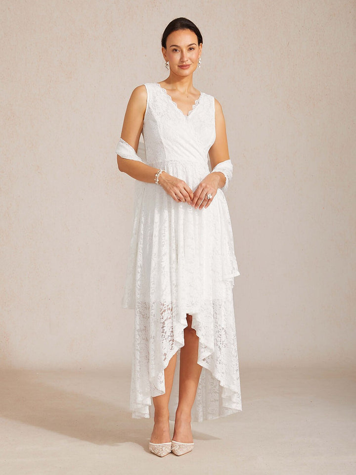 GLORIA | Scalloped V Neck Lace Evening Dress with Matching Shawl