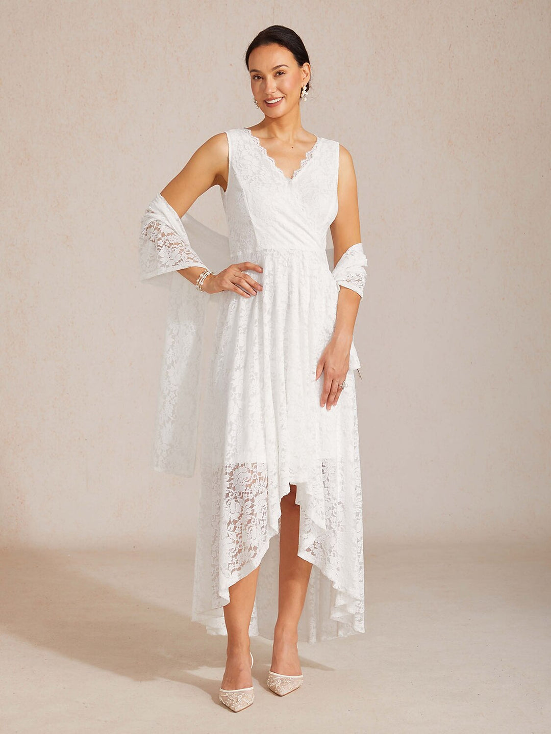 GLORIA | Scalloped V Neck Lace Evening Dress with Matching Shawl