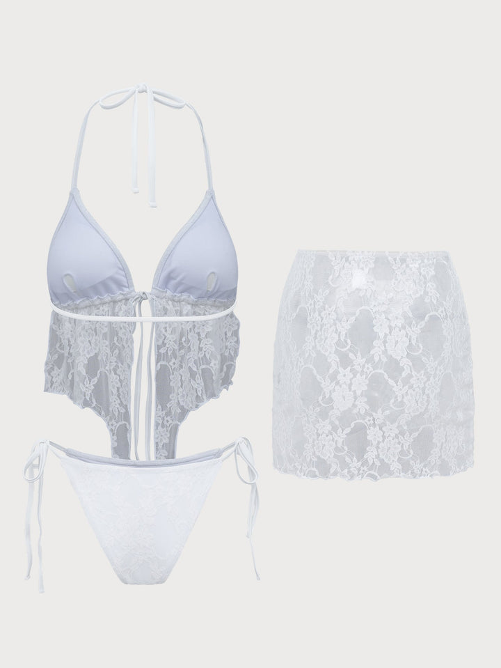 SHEILA | White Lace Three-Piece Tankini Set