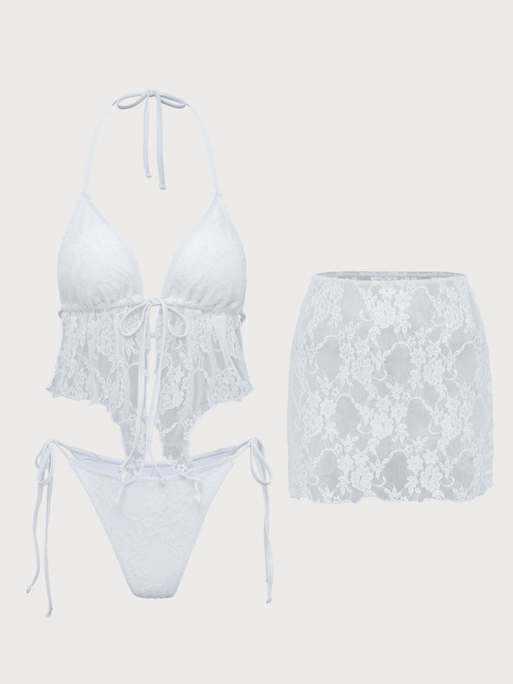 SHEILA | White Lace Three-Piece Tankini Set