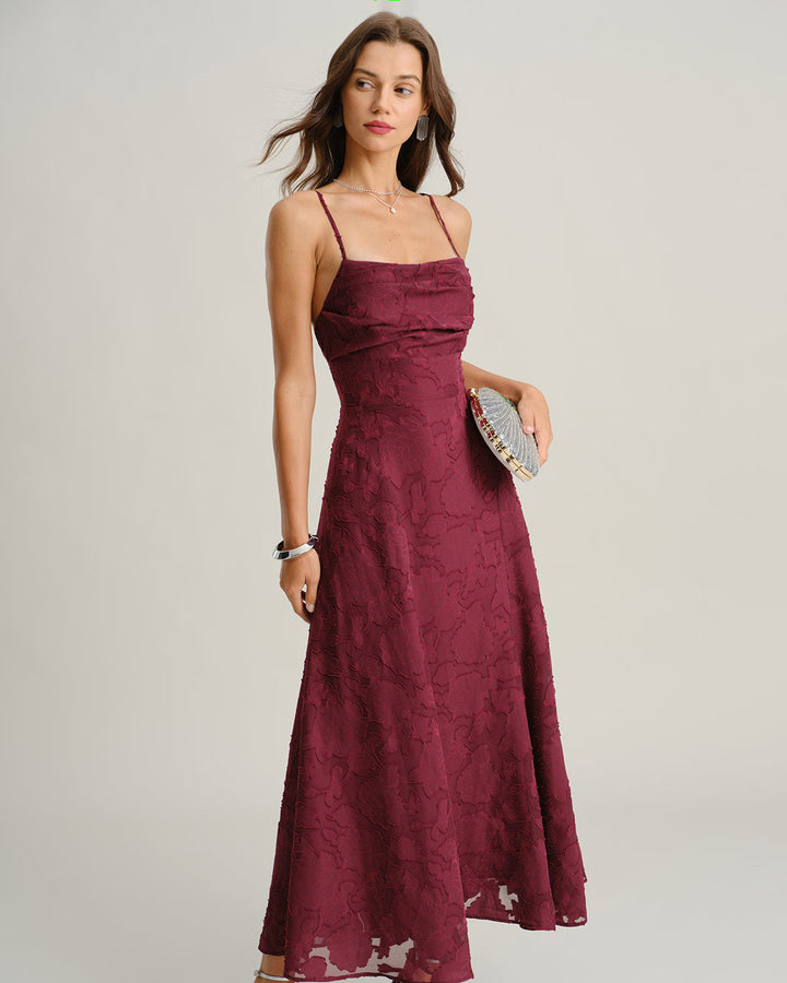 GEORGINA | Wine Red Jacquard Slip Maxi Dress