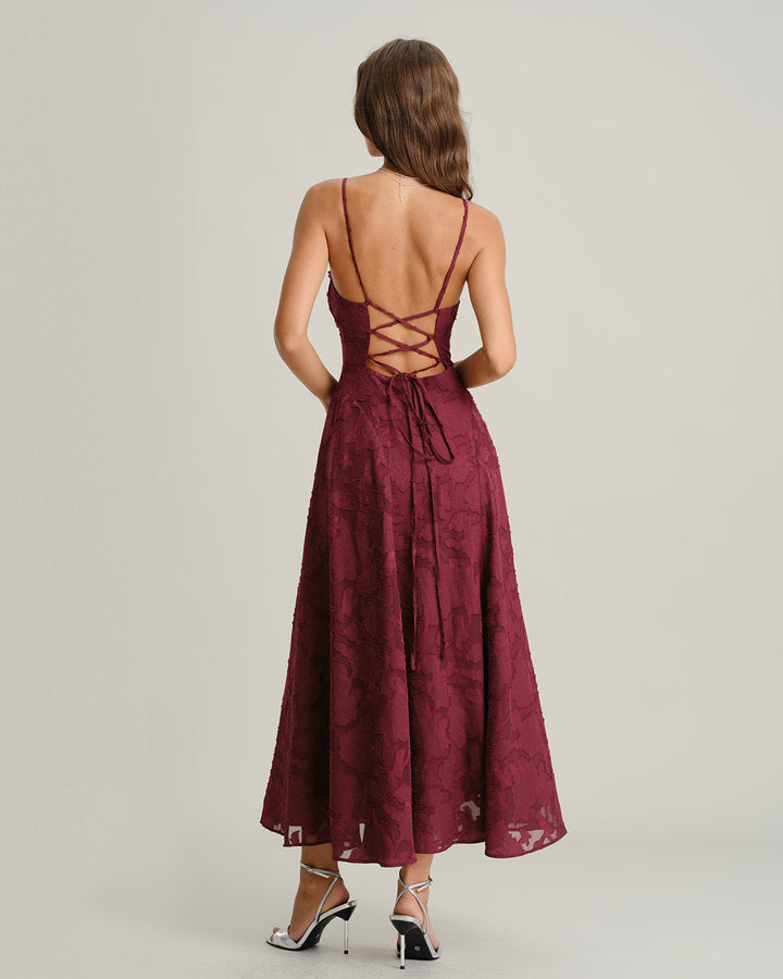 GEORGINA | Wine Red Jacquard Slip Maxi Dress