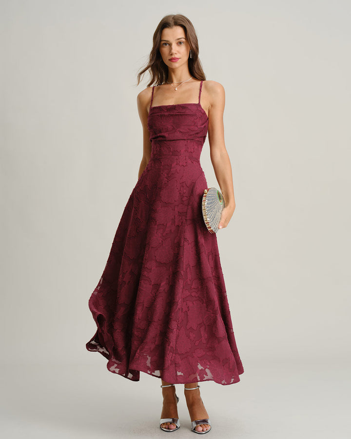 GEORGINA | Wine Red Jacquard Slip Maxi Dress