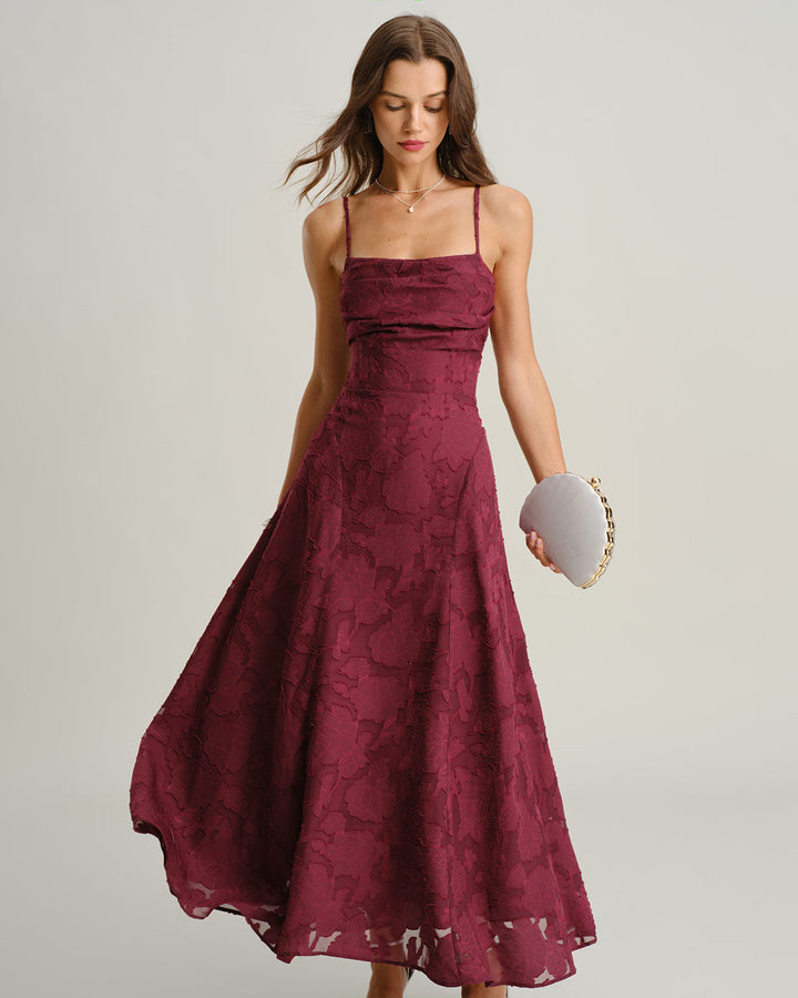 GEORGINA | Wine Red Jacquard Slip Maxi Dress